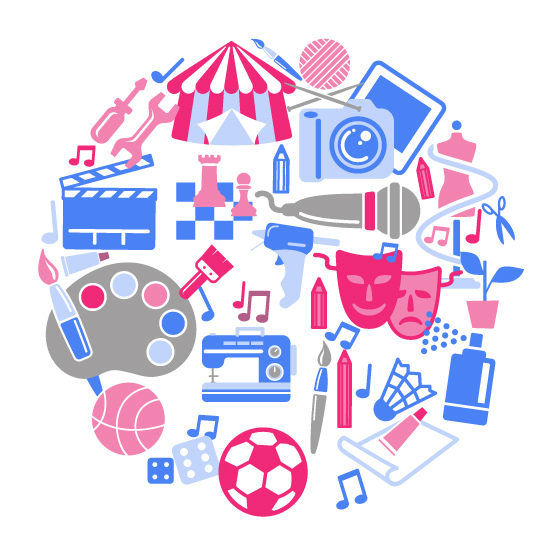 viele Icons zu Themen, die in schulischen Nachmittagsangeboten und Wahlpflichtkursen angeboten werden können